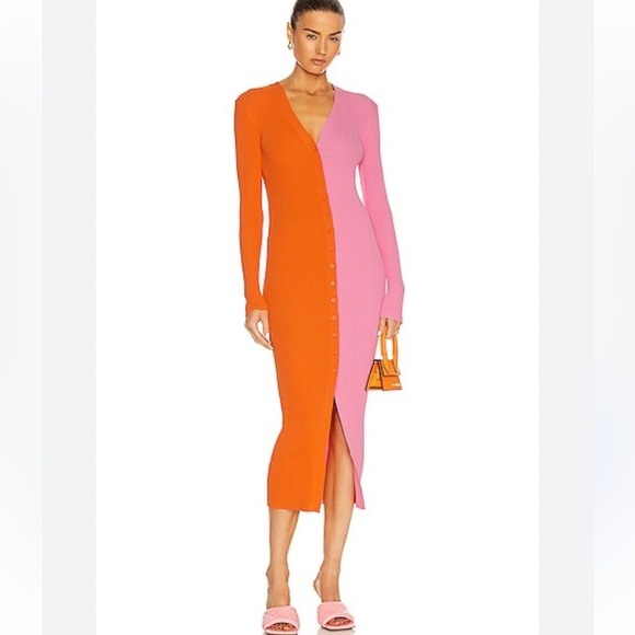 Pink and Orange Ribbed Button Down Midi Sweater Dress - Picture 1 of 11
